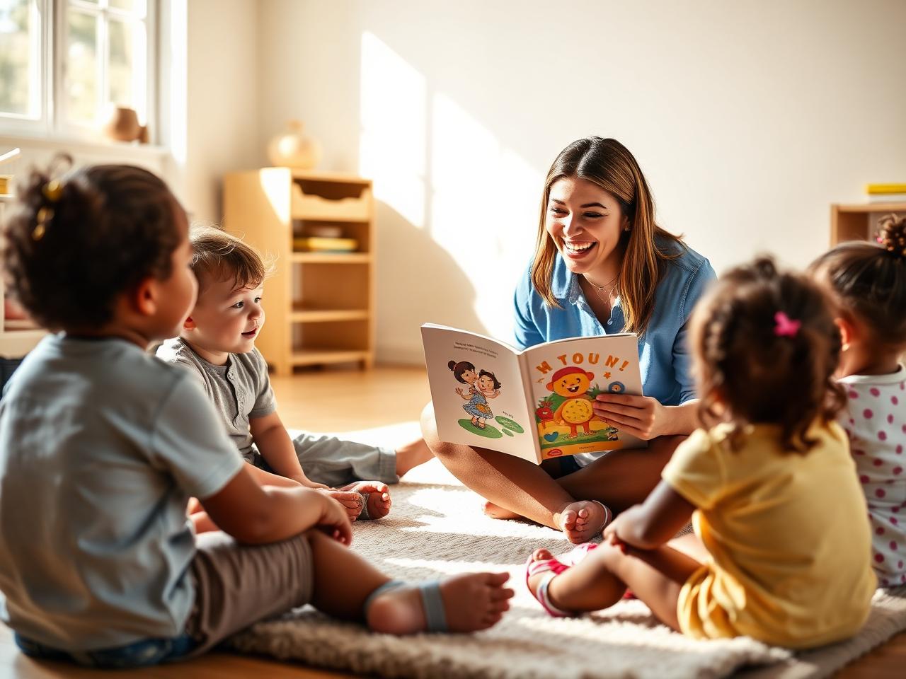 Preschool teacher reading to children