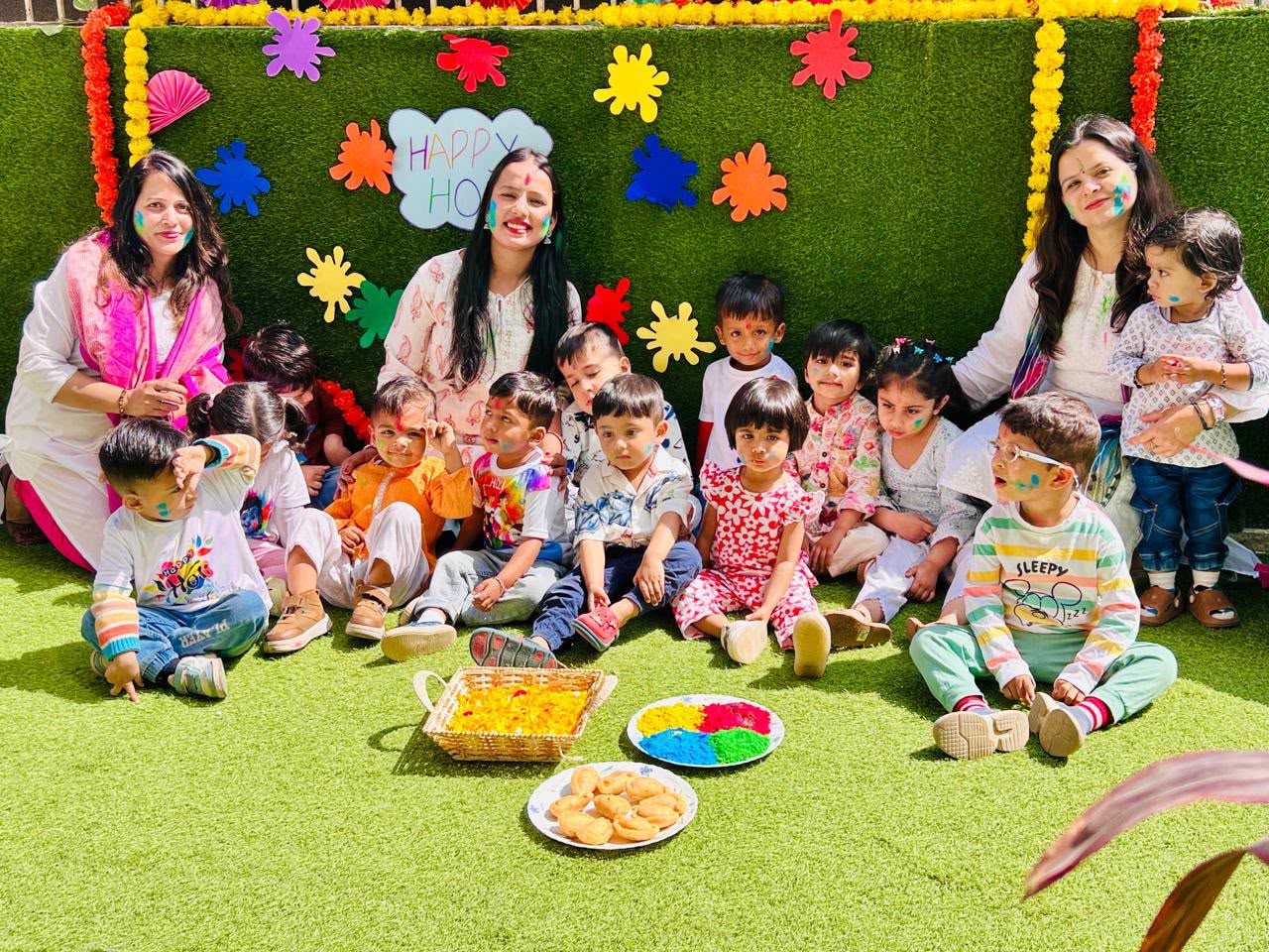 Diverse preschoolers laughing and playing with colorful wooden blocks